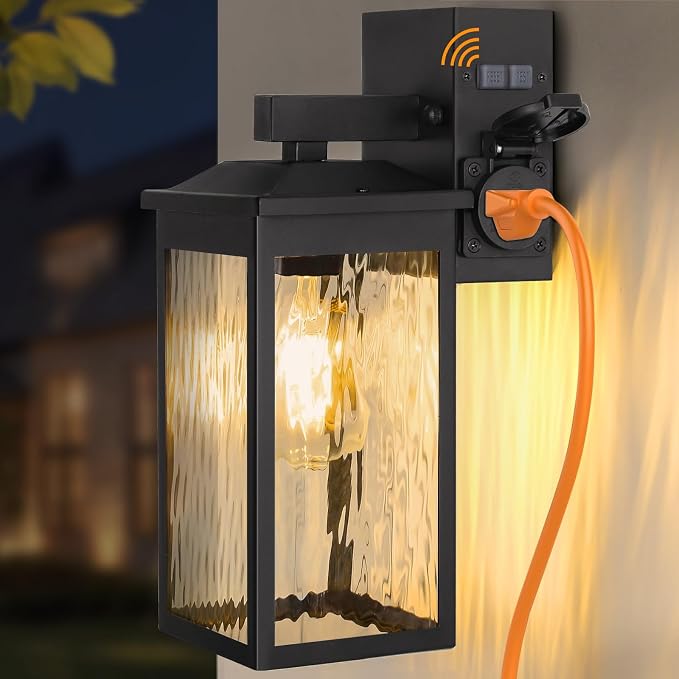 Porch Lights with GFCI Outlet, Dusk to Dawn Outdoor Wall Lighting with Water Rippled Glass Shade, Waterproof Exterior Light Fixture Black Outside Lights for House Front Door Garage Patio (E26 Base)
