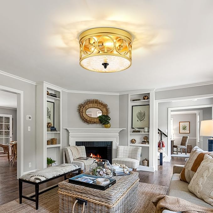 3-Light Flush Mount Ceiling Light Fixtures,11.2in Gold Metal Farmhouse Ceiling Lighting with Clear Glass & E12 Socket,for Kitchen Island, Bedroom, Entryway, Dining Room