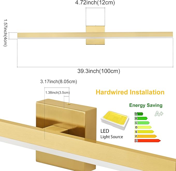 Gold Bathroom Vanity Light Fixture 39.4'' 20W Dimmable 5CCT LED Hardwired | Bathroom Light Fixture Over Mirror, Bathroom Wall Sconce, Rust-resistant, ETL Certificated, 2700K/3000K/3500K/4000K/5000K
