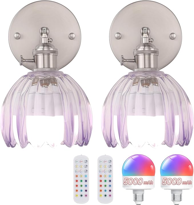 Vintage Wall Sconce Set of 2 - Rechargeable Battery Powered with Remote Control, Translucent Purple Tulip Glass Shade (5000mAh) for Bedroom/Doorway