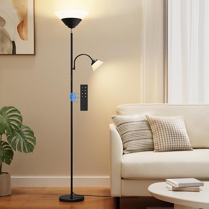 2-in-1 Torchiere Floor Lamp, 34W Super Bright LED Standing Lamp with Remote & Touch Control, 72" Dimmable Adjustable Corner Reading Lamp for Living Room, Bedroom, Office, Black