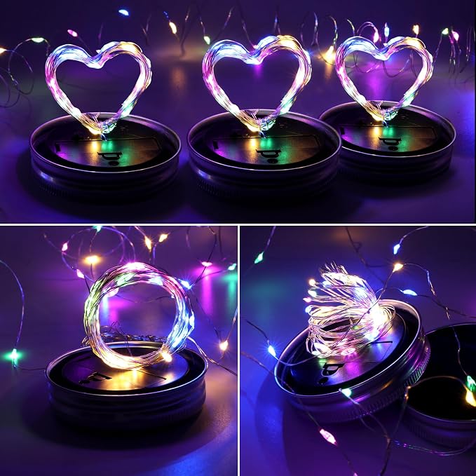 Solar Mason Jar Lights, 12 Pack 30 LED(NO Jars) Firefly Fairy String Lights, Waterproof Outdoor Solar Mason Jar Lid Lights with Hangers for Patio Garden Yard Wedding Decoration - Multicolor