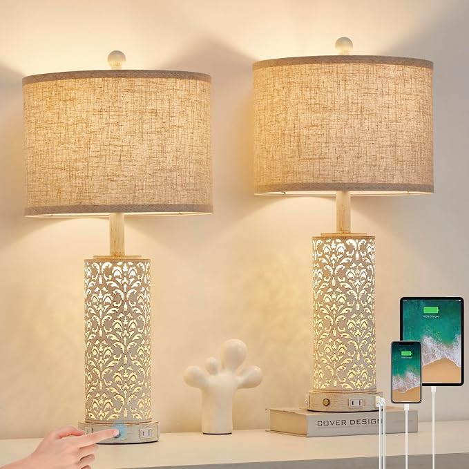 SAIWEYA 26" Farmhouse Table Lamp for Living Room Bedroom, Dimmable Touch | 3 Way Dimmable, 2 USB Ports + AC Outlet Bedside Lamp for Nightstand, LED Bulb Included, Fabric Shade, Flower Metal Body