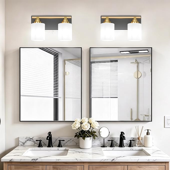 Black and Gold Bathroom Light Fixture, Modern 2 Light Vanity Lights for Bathroom Lighting Fixtures Over Mirror, White Glass Lampshade, Master & Guest bathrooms Bathroom Remodel, 14-inch