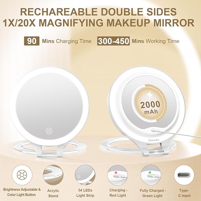 Mocado 1X/20X Magnifying Mirror with Light, Travel Makeup Mirror with Light | Double Sides Travel Mirror with 3 Color Light, Dimmable Touch, 1500mAh Rechargeable, Brightness Adjustable(White)