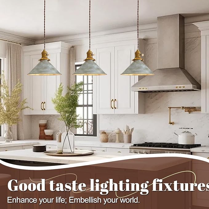 Kitchen Island Pendant Lights 8.2 Inch Industrial Silver Lampshade Farmhouse Pendant Lights Kitchen Island 6.5Ft Adjustable Hanging Kitchen Lights for Living Room and Dininig Room