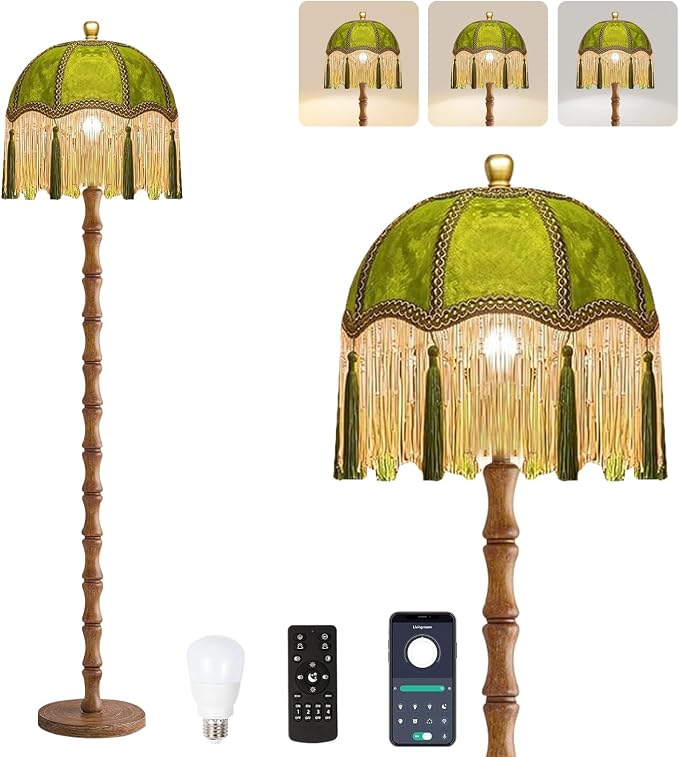 QIYIZM Vintage Floor Lamp for Living Room,Bedroom,Fringe Standing Lamp with Remote Dimmable,Green Mid Century Gold Tall Lamp Boho Retro Wood Tassel Flower Unique Lamp Tiffany Decor