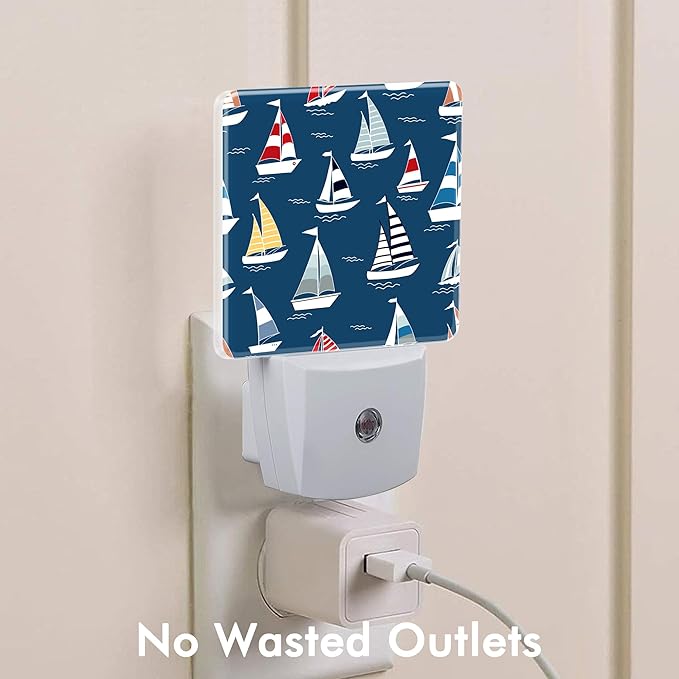 Cartoon Sailboat Sea Waves Night Light,Marine Nautical Adventure Navy Blue Night Light Plug into Wall with Dusk to Dawn Sensor Cute Nightlight for Women Boys Girls Room,Kitchen,Stairs Decor
