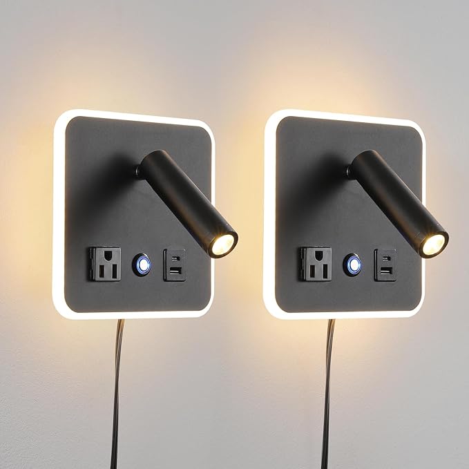 LED Wall Lamp Dimming Wall Mounted Reading Lights, Adjustable Headboard Plug in Wall Sconce with USB+USB C Ports, Headboard Bedside Lamp with 6W+3W Night Light 3000K (Gray)