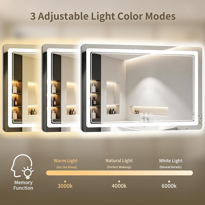 36"x40" LED Bathroom Mirror with Lights, Backlit + Front Lit, Anti-Fog, Lighted Bathroom Mirror for Wall, HD Shatterproof Tempered Glass, Dimmable, Memory Function (Horizontal/Vertical)