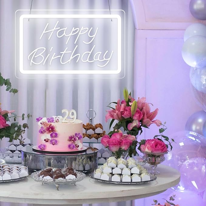 Happy Birthday LED Neon Sign – White Dimmable Neon Light, USB Powered Wall Decor for Party Backdrop, Bachelorette Party Decor, Ideal Christmas Gift & Birthday Gift