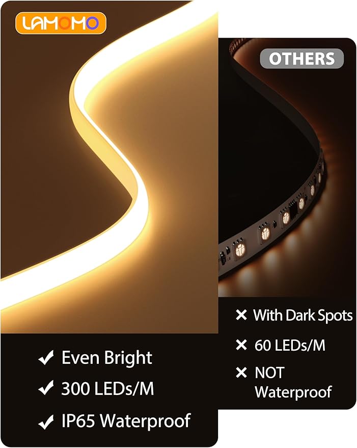 Lamomo COB LED Strip Lights Pro, 16.4Ft Warm White Dimmable Self-Adhesive Led Rope Light with Remote, Flexible Cuttable Waterproof 3000K Silicone Neon Tape Lights for Bedroom, Indoor, Outdoor,Cabinet