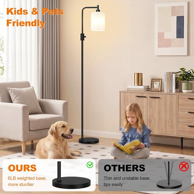 【Upgraded】 Dimmable Floor Lamp for Living Room with Opal Glass Lamphade, Black Modern Glass Floor Lamp with 900LM LED Bulb Included, Arc Standing Tall Lamp for Bedroom, Office, Reading Room, Corner