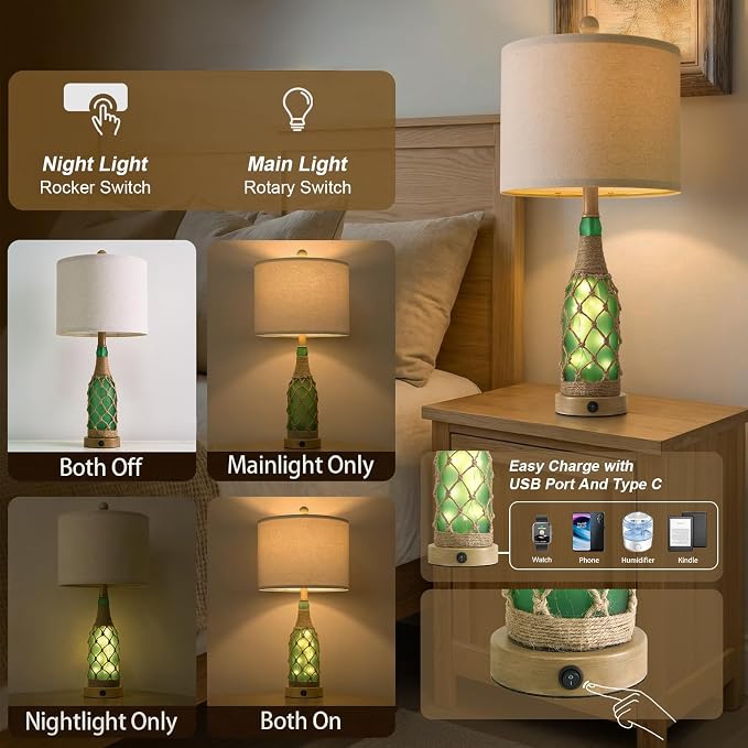 23'' Boho Table Lamps with Night Light for Living Room, Bedside Lamps Set of 2 with A+C Charging Ports for Bedroom, Farmhouse USB Lamps for Nightstand Console, Glass Bottle Rope Base, Green