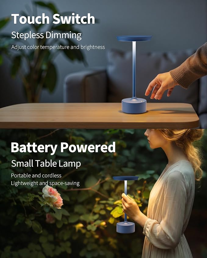 PUSU Rechargeable Table Lamps Set of 2, Blue Cordless Portable Desk Lamp | 4000mAh Battery, Stepless Dimming & 3 Color 2700K-6000K, LED Lamp for Bedroom, Living Room, Restaurant, Outdoor, Night Light