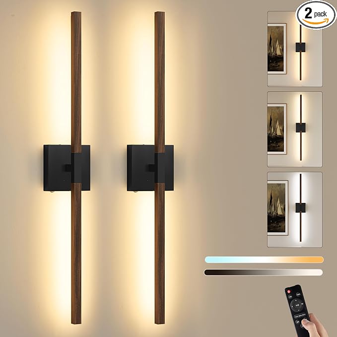 Rayogale Black Walnut Rechargeable Wall Sconce with Remote Control 32 Inch | 3000/4500/6000K Dimmable 8000mAh Wireless Rechargeable Wall Sconces Set of Two with Timer for Living Room, Bedroom, TV