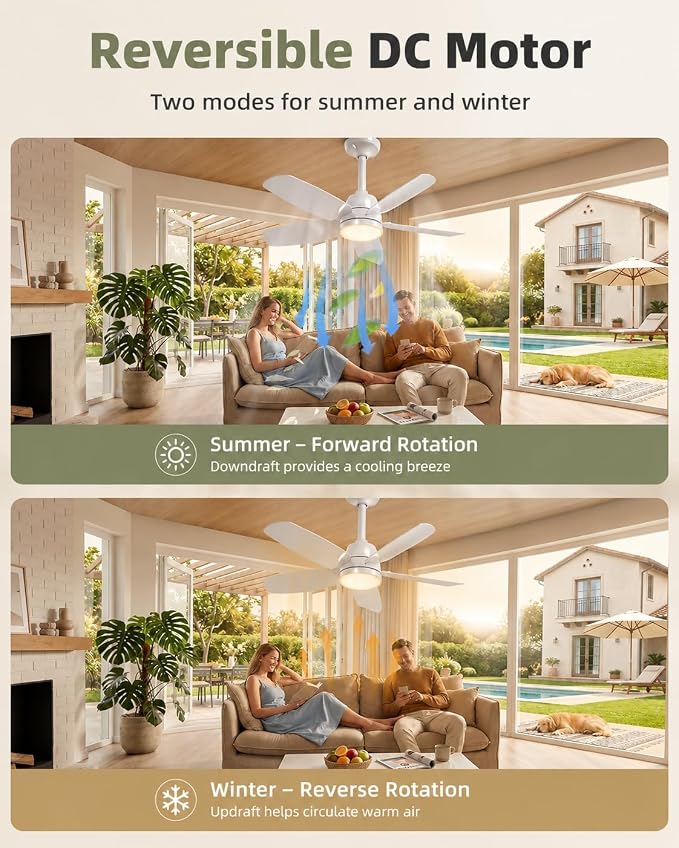 Ceiling Fan with Light, 28'' Flush Mount Low Profile Fan for Bedroom &Patio | Quiet Reversible DC Motor, 6-Speed, 3-Color Temp Dimmable LED Light with Remote & Timer, Indoor Small Ceiling Fan White