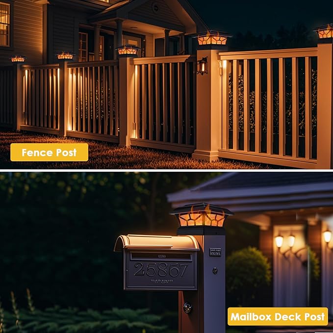 2 Pack Solar Post Cap Lights Outdoor Flickering Flame & Warm White, Fits 4x4 5x5 6x6 Wooden or Vinyl Posts, Waterproof Solar Fence Deck Lights for Yard Garden Patio Decoration.