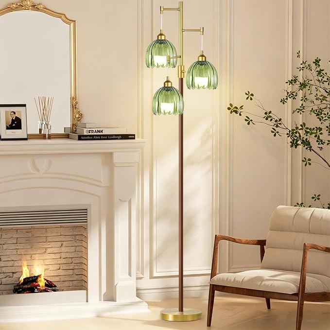 Wood Floor Lamps for Living Room Bedroom-3 Light Gold Floor Lamp with Glass Lampshape, Flower Tall Lamp Glass Mid Century Standing Lamp Vintage Tree Floor Lamp for Bedroom Corner