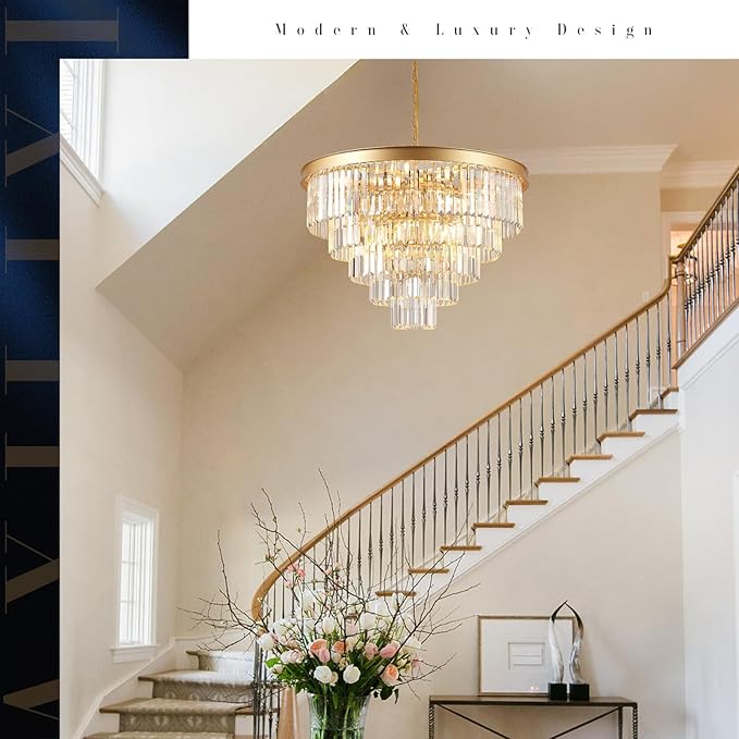 Large Crystal Chandeliers 30’’ Modern Gold Round Chandeliers for High Ceiling K9 5-Tier Large Ceiling Chandelier Light Fixtures Luxury Chandelier for Staircase Foyer Living Room