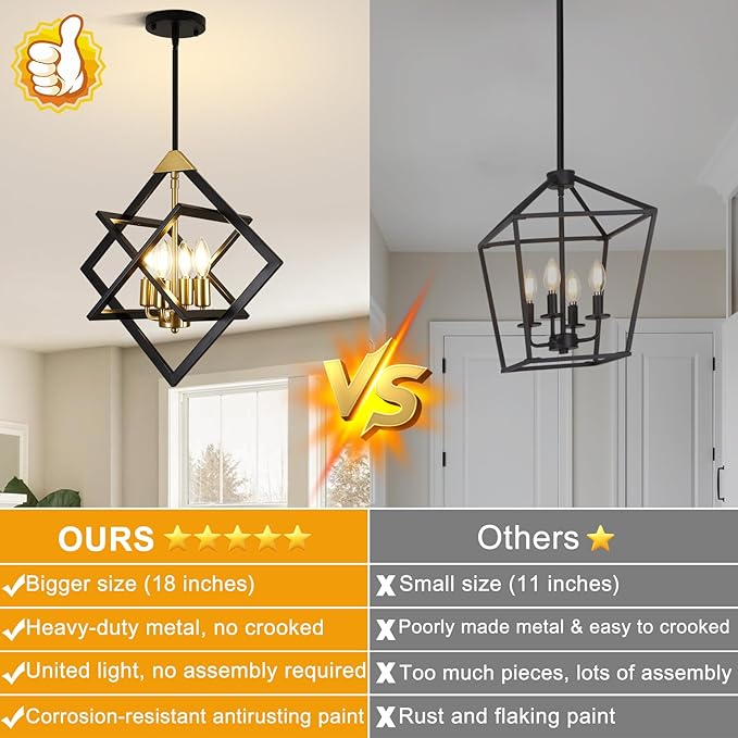18" Modern Pendant Lights Kitchen Island, 4-Light Black and Gold Farmhouse Pendant Light Fixtures, Industrial Hanging Pendant Lights Fixture for Kitchen Island Dining Room Hallway Foyer Entryway