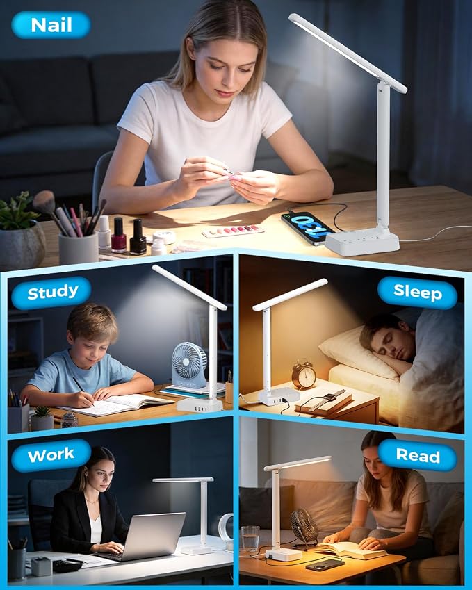 LED Desk Lamp with Power Strip, 3 AC Outlets, 4 USB Ports, Stepless Dimming | 2800K-6500K Color, 2 USB-C, Foldable Design, Timer & Memory, Study, Home Office & College Dorm, 5FT Cord