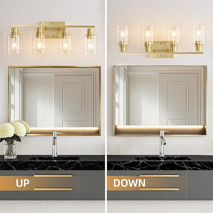 EMONG 4-Light Gold Bathroom Light Fixtures 23.6'' Brushed Gold Vanity Light Over Mirror with Clear Glass Shade Modern Wall Sconce Classic Wall Light Fixture for Hallway Porch Farmhouse Living Room