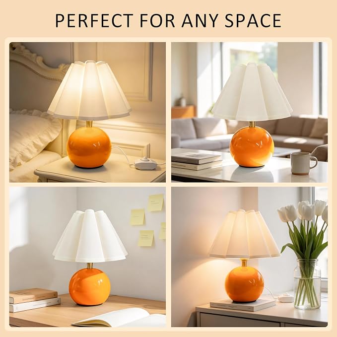 Small Bedside Table Lamp, 11.8'' Ceramic Stepless Dimmable Lamp (Orange) | with scalloped fabric shade for nightstand & living room. Perfect for quiet nights to create a cozy, relaxing atmosphere