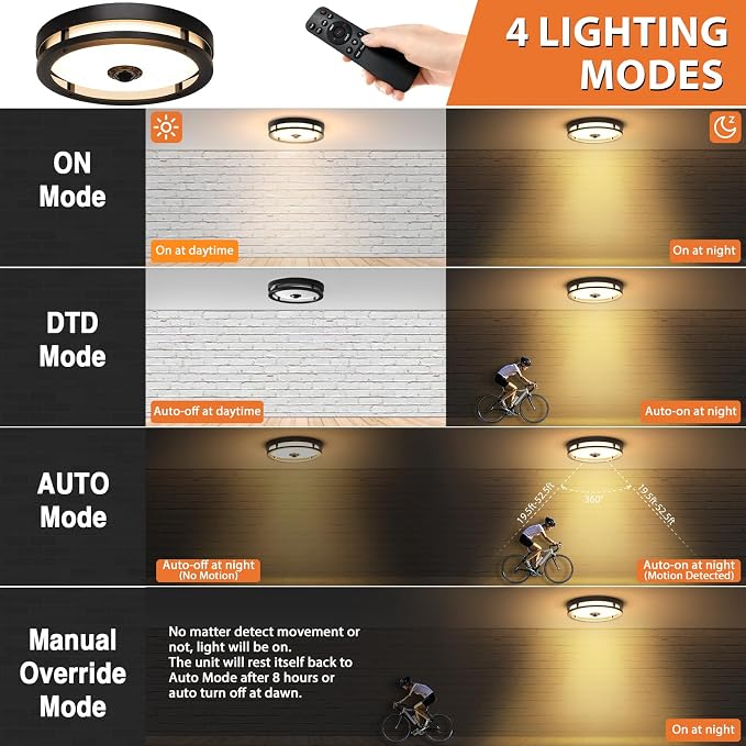 Outdoor Motion Sensor Ceiling Light with Remote, Tunable White Exterior Flush Mount Ceiling Lights, 12" Outdoor Porch Light Fixture for Garage, Entryway, Patio