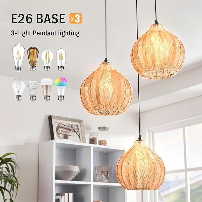 Modern 3 Lights Glass Pendant Light Amber Striped Glass Globe Cluster Chandelier Lighting Fixtures Matte Black Adjustable Kitchen Island Hanging Pendant Lighting Nordic Multi Lights Pendant Lamp