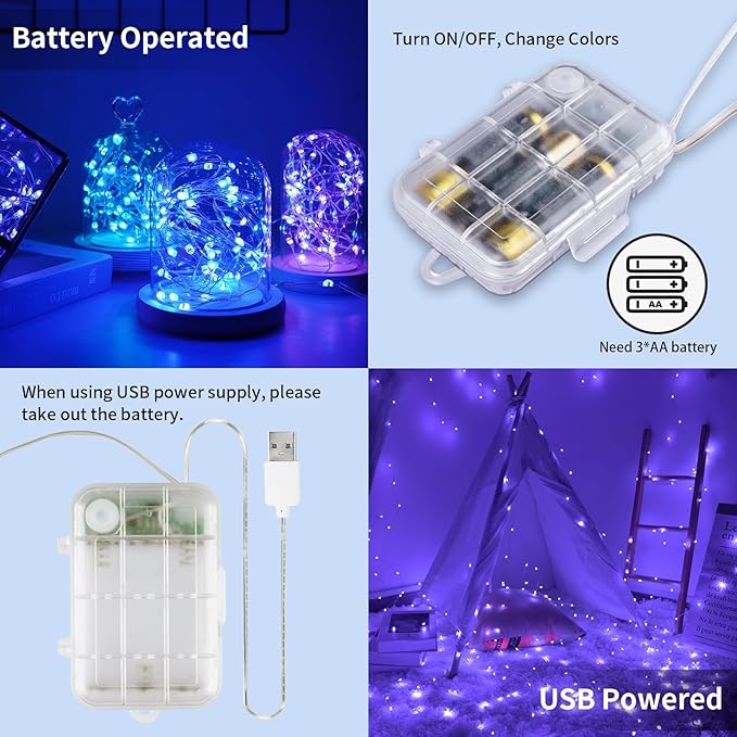 66ft 200LED Fairy Lights Battery Operated, 4 Pack 16.5ft 16 Color Changing String Light with Remote Timer, RGB Waterproof Twinkle Lights for Indoor Outdoor Room Gift Party Christmas Décor