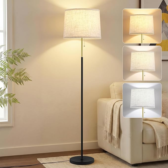 Floor Lamps for Living Room & Bedroom, 60" Modern Tall Standing Lamp, 3CCT | Lamps for Office, Classroom, Bedside, Linen Lampshade, Pull Chain Switch, Modern Design, Anti-glare Lighting, Easy Assembly