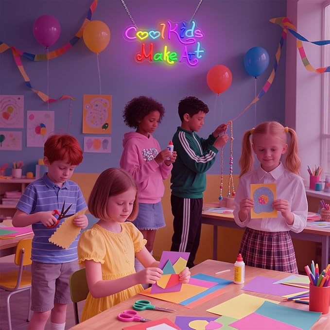 Cool Kids Make Art Neon Sign for Classroom, Art Neon Light Wall Decor, Kids Neon Light Sign Colorful Letter Led Neon Lights for Bedroom Library School Decoration 14.17 x 8.27 inch