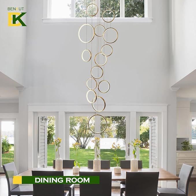 14 Ring High Ceiling Chandelier Foyer, Gold Modern LED Large Staircase Long Chandeliers Light Fixture with Remote for Staircase Entryway Living Room Dining Room(118in, 3000K-6500K)