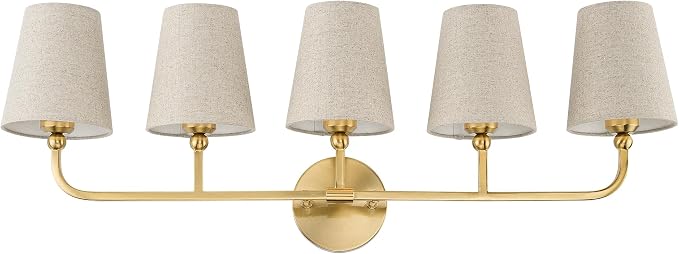 5-Light Brushed Gold Bathroom Vanity Light, Brown Linen Fabric Shade | 35 Inch gold bathroom light fixture over mirror, UL listed, E26 bulbs, hardwired, upward only, VL837-BG-L-5
