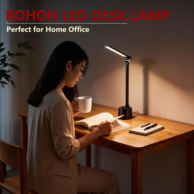 BOHON Small Desk Lamp with USB C Charging Port 5 Colors Stepless Dim Black | Reading Light Space-Saving Rotating Head Desk Lamp for Home Office College Dorm Room Bedside Table Bedroom