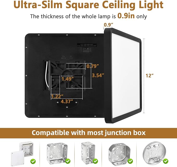 12 Inch Square LED Flush Mount Ceiling Light, 30W, 3000LM Square Light Fixture 3000K/4000K/6000K CCT Selectable, LED Flat Panel Ceiling Light Fixture for Bedroom,Kitchen,Living Room (2PK-Black)