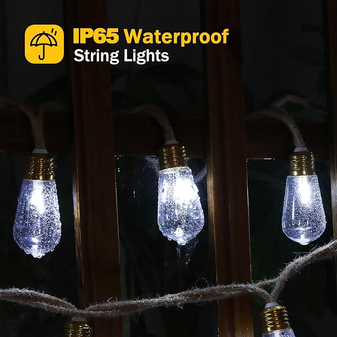 (New) Outdoor String Lights, 24FT Hemp Rope LED Patio Lights, Waterproof 8 Light Modes Plug-in Hanging Edison Bulb Lights for Backyard, Garden, Porch, Wedding, Christmas Decor
