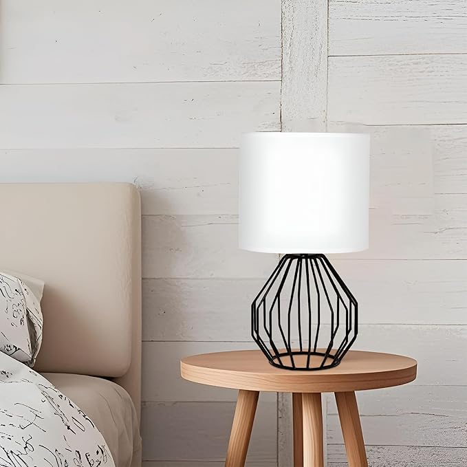 Small Table Lamp Black, Modern Minimalist Desk Lamp with Metal Base White Fabric Shade, Bedside Nightsand Table Lamp for Bedroom, Living Room, Kis Room