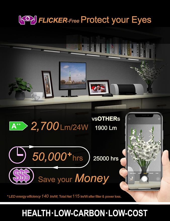 EBD Under Cabinet Lighting Plug in or Hardwired, 6 Pcs 12 Inch, No Messy Wires Built-in Adjustable Cable LED Light 6500K 2700Lm, 5 Cables Y Splitter Neat Counter Lights for Kitchen Shelf Home Office
