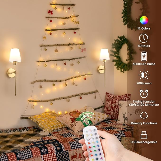 Shenmoyl Fabric Wall Sconce Battery Operated Set of 2, Rechargeable Wall Lights with 5000mAh RGB Dimmable Bulb, 12 Colors Wall Sconces for Bedroom Living Room, Gold