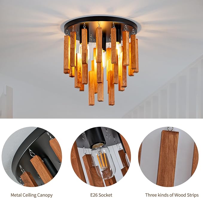 Farmhouse Light Fixture, 3-Light Wood Ceiling Light, Rustic Light Fixture with Wood and Black Metal Finish, Farmhouse Semi Flush Chandelier for Bedroom, Hallway, Entryway, Kitchen