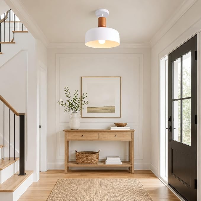 Nordic Sculptural White Pendant Light: Metal Wood Kitchen Island Chandelier | 12" Mid Century Pendant Lighting Over Kitchen Sink - Modern Ceiling Light Fixture for Dining Room Bedroom Hallway Entryway