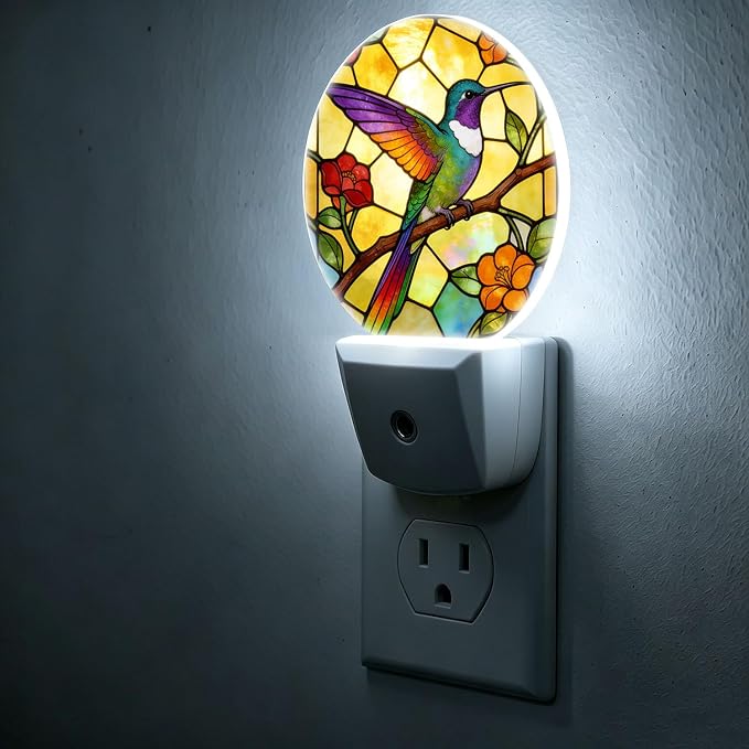 Decorative Night Lights Stained Glass Hummingbird Plug-in Nightlight | Retro Vintage Night Lights Plug into Wall LED Lamp Dusk-to-Dawn Auto Sensor for Bedroom Kitchen Toilet Hallway, Energy Saving