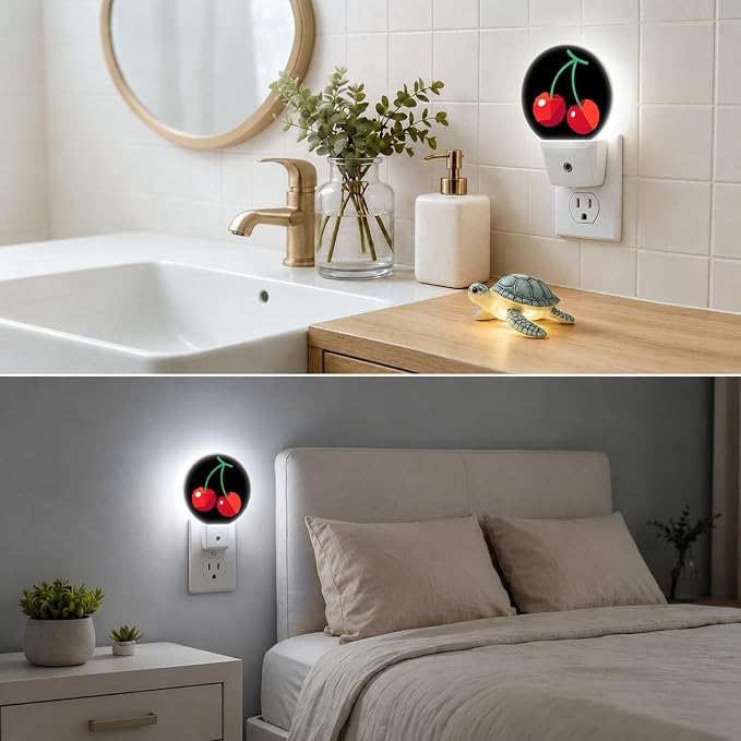Nightlight Red Cherry Plug-in Night Lights Dusk to Dawn | Sweet Fruits Printed Night Light LED Round Lamp with Auto on/off Sensor for Kitchen Hallway Bedroom Bathroom