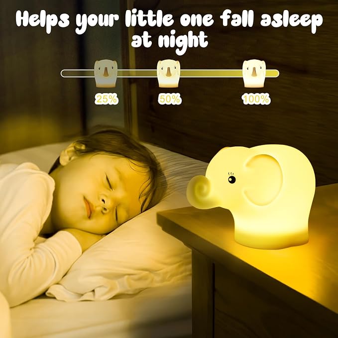 Elephant Night Light for Kids, Baby Nursery NightLight for Breastfeeding | New Born Baby Essentials Must Haves, BPA Free Silicone Night Lamp, Dimmable Nightlight, Rechargeable Light for Kids Adult
