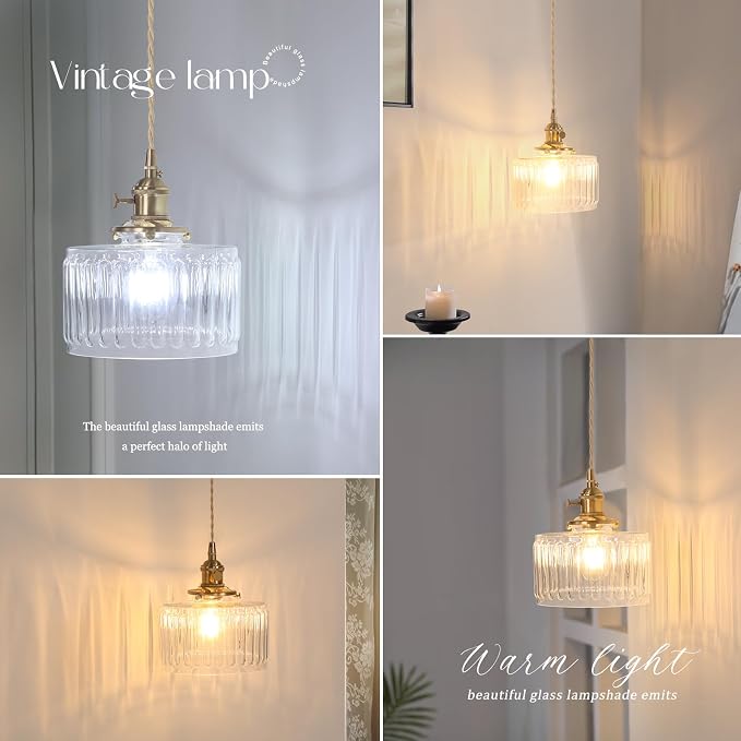 Shenmoyl Vintage Wall Sconce Wall Lamp with Clear Striped Shade Pattern Glass Adjustable Chain Retro Gold Wall Mounted Light, Modern Wall Lamp Fixtures Decor for Bedside Bedroom Indoor Doorway