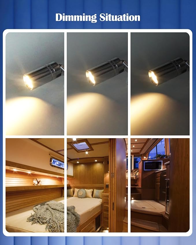 Small 12V RV Reading Light 3W DC 12 Volt LED Camper Lights Interior Warm White Interior lights with Built-in Dimmer Touch Switch of Blue Decor Light On Trailer Van Truck Car Motorhome Caravan Boat