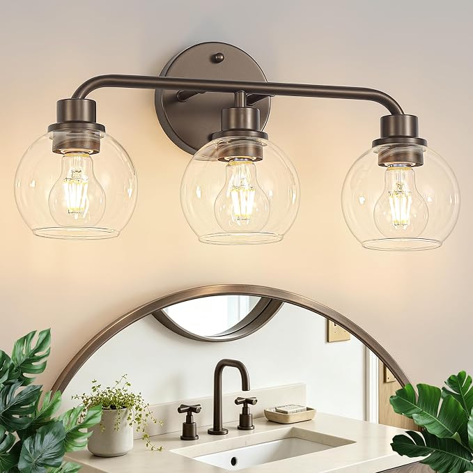 Bathroom Light Fixtures Oil-Rubbed Bronze Vanity Light 3 Light | Wall Sconces Lighting with Clear Globe Glass Shades Bath Wall Lamp for Mirror Kitchen Living Room Bedroom Hallway