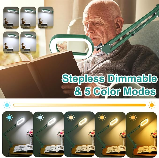 IVMAIE 12X Rectangle Magnifying Glass with Light, 5 Color Modes Stepless Dimmable Magnifier with Stand, LED Lighted Clamp Desk Lamp with Swing Arm, Hands Free for Reading Painting Close Work - Green
